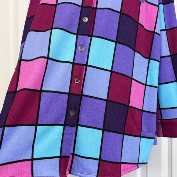 Denim & Co. Bold Colorful Check Print Knit Button Down Tunic Shirt 1X - Picture 10 of 16